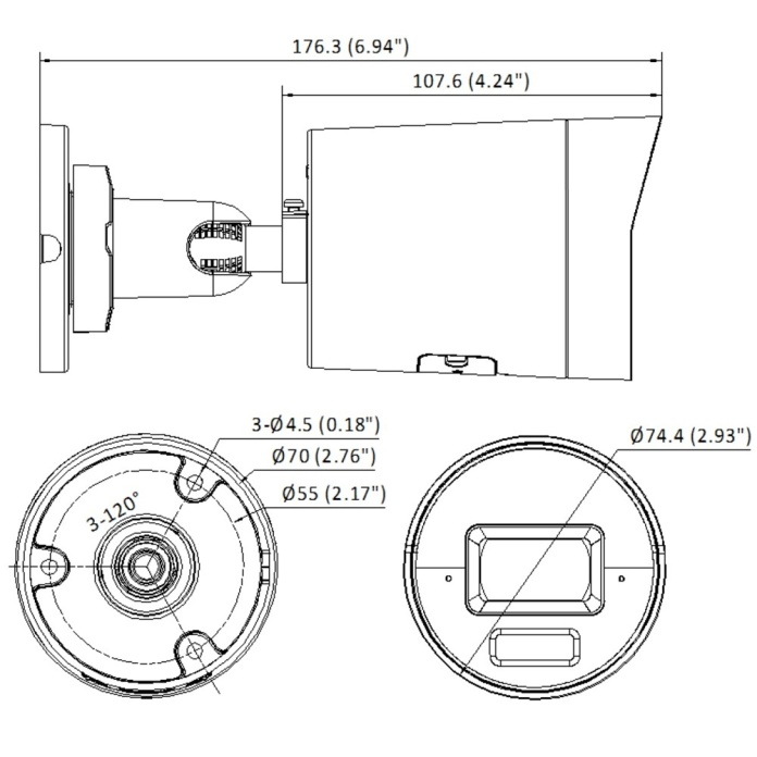 Rysunek techniczny kamery tubowej Hikvision 6Mpx